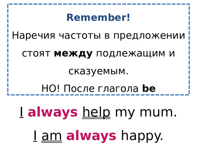 Remember! Наречия частоты в предложении стоят между подлежащим и сказуемым. НО! После глагола be I  always  help my mum. I  am  always happy. 
