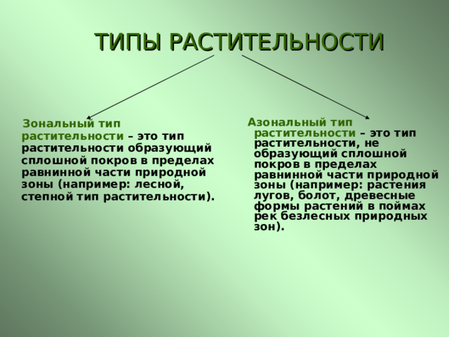 ТИПЫ РАСТИТЕЛЬНОСТИ  Зональный тип растительности – это тип растительности образующий сплошной покров в пределах равнинной части природной зоны (например: лесной, степной тип растительности).   Азональный тип растительности  – это тип растительности, не образующий сплошной покров в пределах равнинной части природной зоны (например: растения лугов, болот, древесные формы растений в поймах рек безлесных природных зон). 