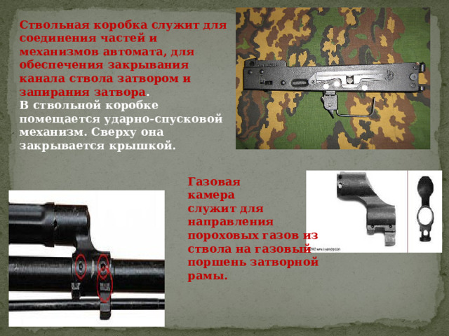 Ствольная коробка служит для соединения частей и механизмов автомата, для обеспечения закрывания канала ствола затвором и запирания затвора . В ствольной коробке помещается ударно-спусковой механизм. Сверху она закрывается крышкой. Газовая камера служит для направления пороховых газов из ствола на газовый поршень затворной рамы. 