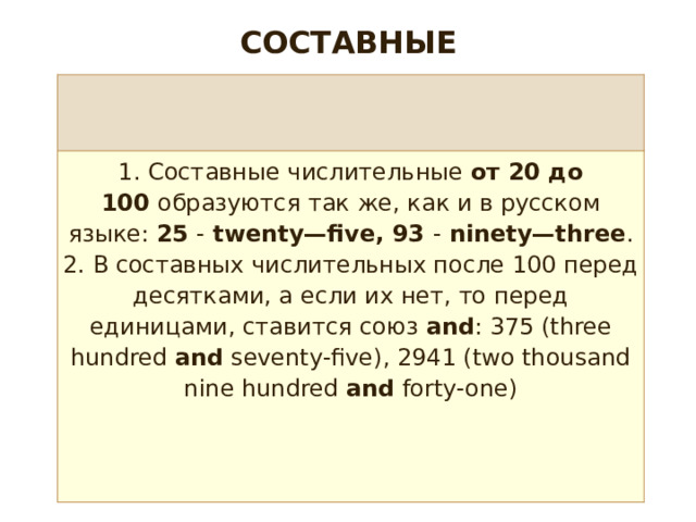СОСТАВНЫЕ   1. Составные числительные  от 20 до 100  образуются так же, как и в русском языке:  25  -  twenty—five, 93  -  ninety—three . 2. В составных числительных после 100 перед десятками, а если их нет, то перед единицами, ставится союз  and : 375 (three hundred  and  seventy-five), 2941 (two thousand nine hundred  and  forty-one) 