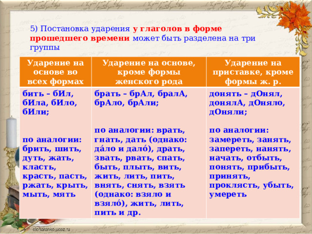  5) Постановка ударения у глаголов в форме прошедшего времени может быть разделена на три группы Ударение на основе во всех формах Ударение на основе, кроме формы женского рода бить – бИл, бИла, бИло, бИли; Ударение на приставке, кроме формы ж. р.  брать – брАл, бралА, брАло, брАли;   донять – дОнял, донялА, дОняло, дОняли;   по аналогии: брить, шить, дуть, жать, класть, красть, пасть, ржать, крыть, мыть, мять по аналогии: врать, гнать, дать (однако: дáло и далó), драть, звать, рвать, спать, быть, плыть, вить, жить, лить, пить, внять, снять, взять (однако: взяло и взялó), жить, лить, пить и др. по аналогии: замереть, занять, запереть, нанять, начать, отбыть, понять, прибыть, принять, проклясть, убыть, умереть 