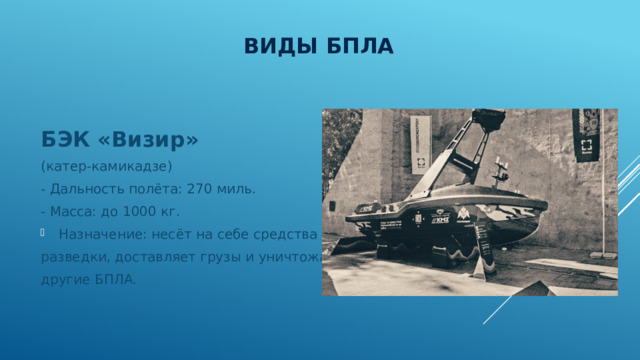 Виды БПЛА БЭК «Визир» (катер-камикадзе) - Дальность полёта: 270 миль. - Масса: до 1000 кг. Назначение: несёт на себе средства разведки, доставляет грузы и уничтожает другие БПЛА. 