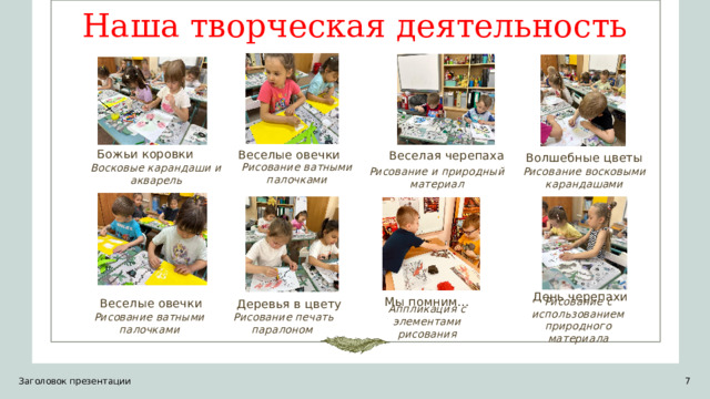 Наша творческая деятельность Божьи коровки Веселые овечки Веселая черепаха Волшебные цветы Рисование и природный материал Восковые карандаши и акварель Рисование ватными палочками Рисование восковыми карандашами День черепахи Мы помним… Деревья в цвету Веселые овечки Рисование с использованием природного материала Аппликация с элементами рисования Рисование печать паралоном Рисование ватными палочками 1 Заголовок презентации 1 