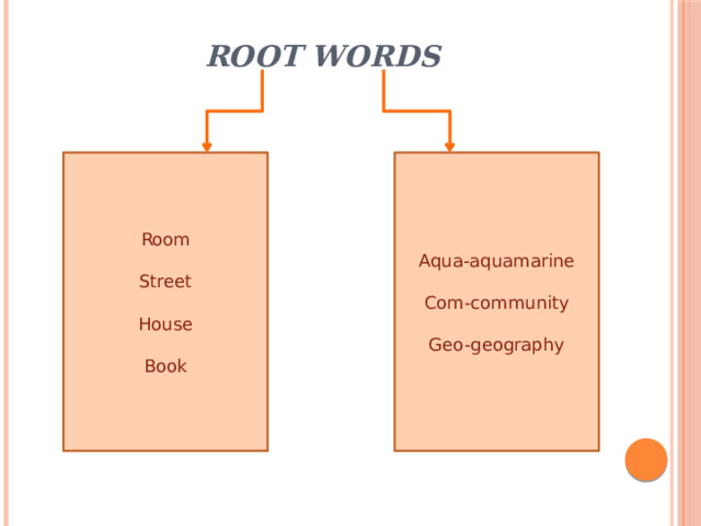 Root words Room Aqua-aquamarine Street Com-community House Geo-geography Book 