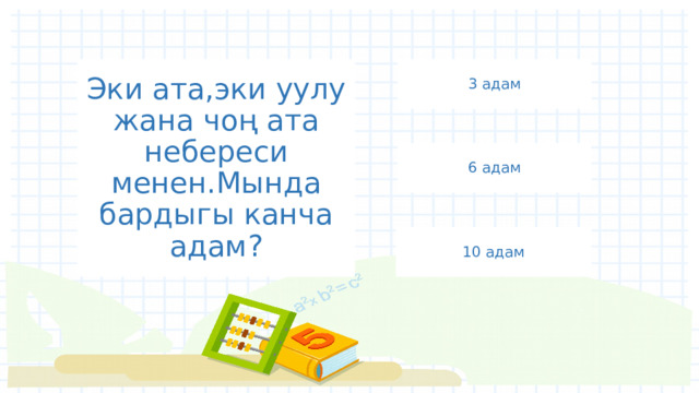 Эки ата,эки уулу жана чоң ата небереси менен.Мында бардыгы канча адам? 3 адам 6 адам 10 адам 