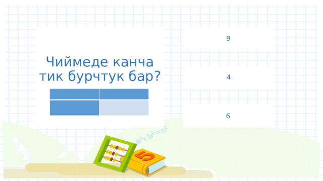 Чиймеде канча тик бурчтук бар?   9 4         6 