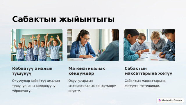  Сабактын жыйынтыгы Көбөйтүү амалын түшүнүү Математикалык көндүмдөр Сабактын максаттарына жетүү Окуучулар көбөйтүү амалын түшүнүп, аны колдонууну үйрөнүштү. Окуучулардын математикалык көндүмдөрү өнүктү. Сабактын максаттарына жетүүгө жетишилди. 