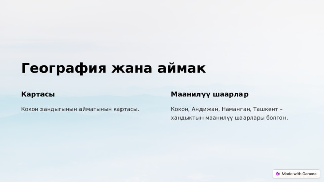 География жана аймак Картасы Маанилүү шаарлар Кокон хандыгынын аймагынын картасы. Кокон, Андижан, Наманган, Ташкент – хандыктын маанилүү шаарлары болгон.  