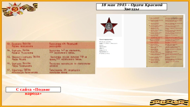 18 мая 1945 – Орден Красной Звезды С сайта «Подвиг народа» 