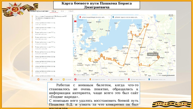 Карта боевого пути Пашкова Бориса Дмитриевича  Работая с военным билетом, когда что-то становилось не очень понятно, обращались к информации интернета, чаще всего это был сайт «Подвиг народа». С помощью него удалось восстановить боевой путь Пашкова Б.Д. и узнать за что конкретно он был награжден. 