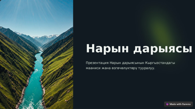 Нарын дарыясы Презентация Нарын дарыясынын Кыргызстандагы мааниси жана өзгөчөлүктөрү тууралуу.  