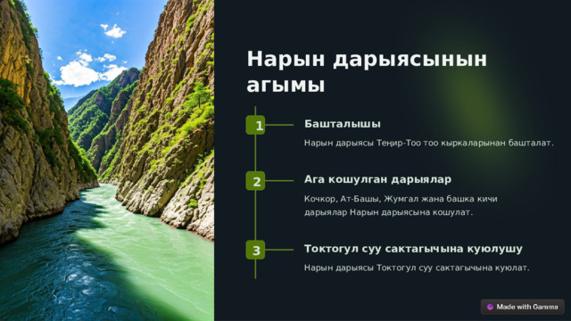 Нарын дарыясынын агымы Башталышы 1 Нарын дарыясы Теңир-Тоо тоо кыркаларынан башталат. Ага кошулган дарыялар 2 Кочкор, Ат-Башы, Жумгал жана башка кичи дарыялар Нарын дарыясына кошулат. Токтогул суу сактагычына куюлушу 3 Нарын дарыясы Токтогул суу сактагычына куюлат.  