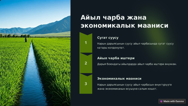 Айыл чарба жана экономикалык мааниси Сугат суусу Нарын дарыясынын суусу айыл чарбасында сугат суусу катары колдонулат. Айыл чарба иштери Дарыя боюндагы айылдарда айыл чарба иштери өнүккөн. Экономикалык мааниси Нарын дарыясынын суусу айыл чарбасын өнүктүрүүгө жана экономиканын өсүшүнө салым кошот.  