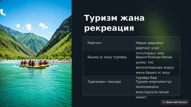 Туризм жана рекреация Рафтинг Нарын дарыясы рафтинг үчүн популярдуу жер. Башка эс алуу түрлөрү Дарыя боюнда балык уулоо, тоо велосипединде жүрүү жана башка эс алуу түрлөрү бар. Туризмдин таасири Туризм жергиликтүү экономиканы өнүктүрүүгө салым кошот.  