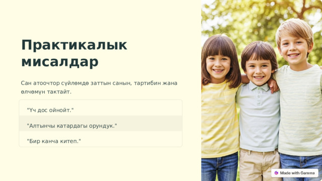 Практикалык мисалдар Сан атоочтор сүйлөмдө заттын санын, тартибин жана өлчөмүн тактайт. 