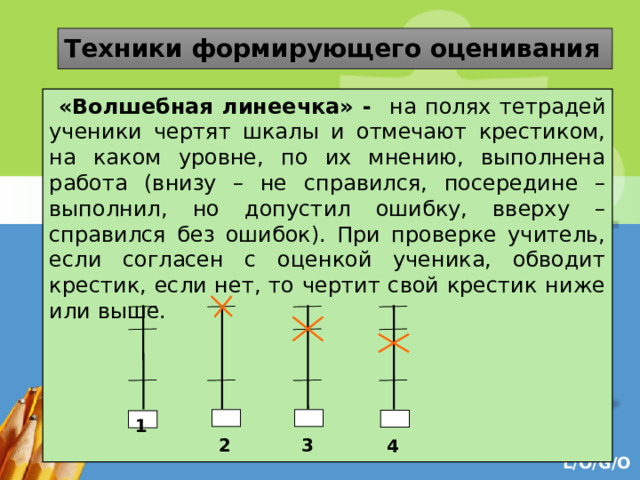 Техники формирующего оценивания  «Волшебная линеечка» -  на полях тетрадей ученики чертят шкалы и отмечают крестиком, на каком уровне, по их мнению, выполнена работа (внизу – не справился, посередине – выполнил, но допустил ошибку, вверху – справился без ошибок). При проверке учитель, если согласен с оценкой ученика, обводит крестик, если нет, то чертит свой крестик ниже или выше.  2  3  4 1 