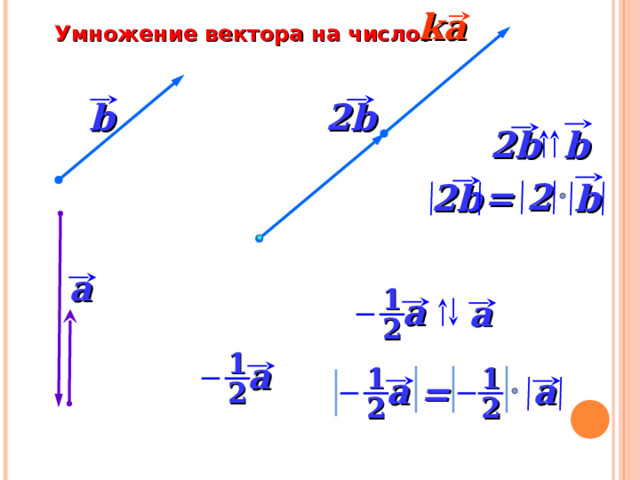 ka Умножение вектора на число. b 2b 2b b 2 b = 2b a 1 a a «Геометрия 10-11» Л.С. Атанасян и др. 2 1 a 1 1 a a = 2 2 2 24 