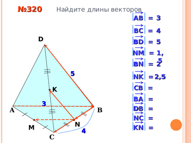  № 320 Найдите длины векторов 3 3 АВ = 4 В C = 4 D 5 5 S В D = NM = 1,5 BN = 2 2 5 2,5 2,5 NK = CB = K «Геометрия 10-11» Л.С. Атанасян и др. BA = 3 DB = А В NC = N KN = M 4 С 9 