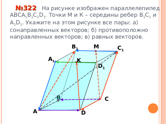  № 32 2 На рисунке изображен параллелепипед АВС A 1 B 1 C 1 D 1 . Точки М и К – середины ребер В 1 С 1 и А 1 D 1 . Укажите на этом рисунке все пары: а) сонаправленных векторов; б) противоположно направленных векторов; в) равных векторов. В 1 M С 1 А 1 K D 1 «Геометрия 10-11» Л.С. Атанасян и др. В С А D 9 