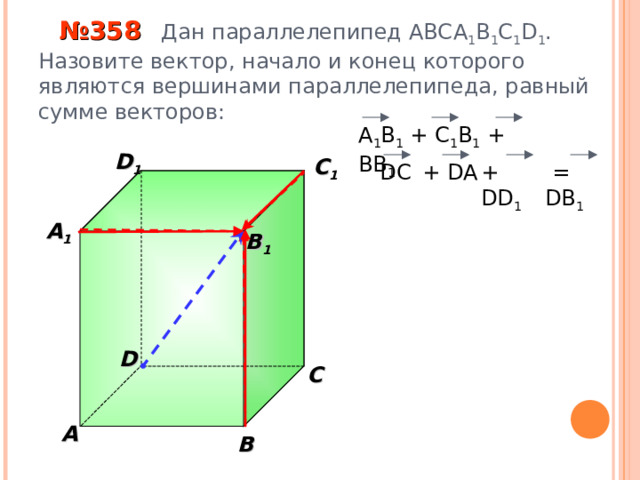  № 35 8 Дан параллелепипед АВС A 1 B 1 C 1 D 1 . Назовите вектор, начало и конец которого являются вершинами параллелепипеда, равный сумме векторов: A 1 B 1 + C 1 B 1 + BB 1 D 1 C 1  = DB 1 + DA + DD 1 DC  A 1  B 1 «Геометрия 10-11» Л.С. Атанасян и др. D С A В 21 