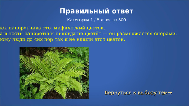 Правильный ответ   Категория 1 / Вопрос за 800 Цветок папоротника это мифический цветок. В реальности папоротник никогда не цветёт — он размножается спорами. Поэтому люди до сих пор так и не нашли этот цветок. Вернуться к выбору тем→  