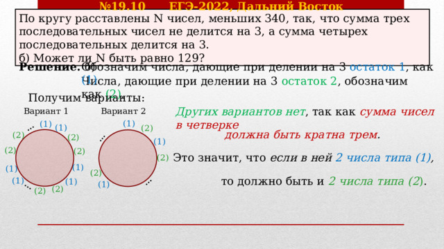 № 19.10 ЕГЭ-2022, Дальний Восток … … … … По кругу расставлены N чисел, меньших 340, так, что сумма трех последовательных чисел не делится на 3, а сумма четырех последовательных делится на 3. б) Может ли N быть равно 129? Обозначим числа, дающие при делении на 3 остаток 1 , как (1) . Решение. б) Числа, дающие при делении на 3 остаток 2 , обозначим как (2) . Получим варианты: Других вариантов нет , так как сумма чисел в четверке  Вариант 1  Вариант 2 (1) (1) (1) (2) должна быть кратна трем . (2) (2) (1) (2) (2) Это значит, что если в ней 2 числа типа (1) ,  (2) (1) (1) (2) то должно быть и 2 числа типа (2 ) . (1) (1) (1) (2) (2) 