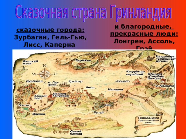 и благородные,  прекрасные люди: Лонгрен, Ассоль, Грэй  сказочные города:  Зурбаган, Гель-Гью, Лисс, Каперна 