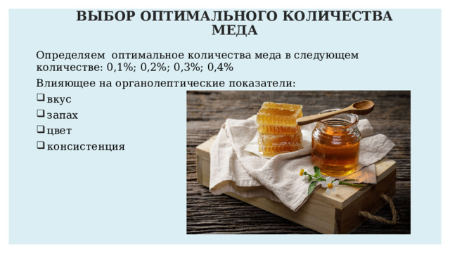 ВЫБОР ОПТИМАЛЬНОГО КОЛИЧЕСТВА МЕДА Определяем оптимальное количества меда в следующем количестве: 0,1%; 0,2%; 0,3%; 0,4% Влияющее на органолептические показатели: вкус запах цвет консистенция 