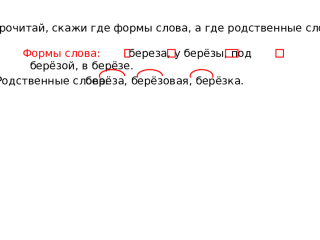 Прочитай, скажи где формы слова, а где родственные слова?  береза, у берёзы, под берёзой, в берёзе. Формы слова: берёза, берёзовая, берёзка. Родственные слова: 