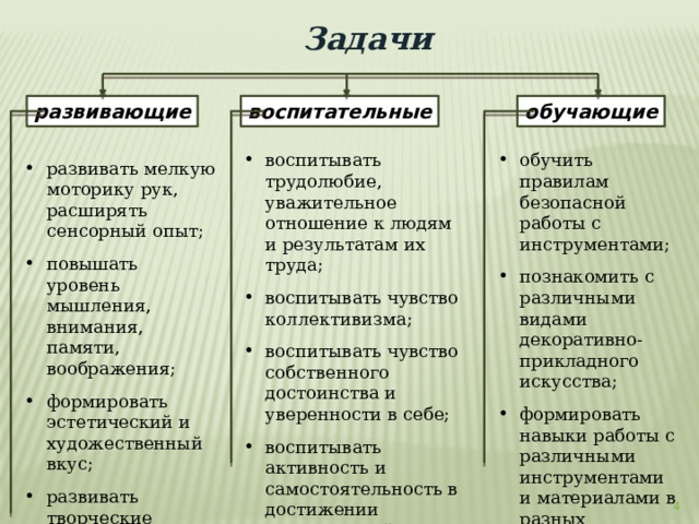 Задачи развивающие воспитательные обучающие воспитывать трудолюбие, уважительное отношение к людям и результатам их труда; воспитывать чувство коллективизма; воспитывать чувство собственного достоинства и уверенности в себе; воспитывать активность и самостоятельность в достижении поставленной цели. обучить правилам безопасной работы с инструментами; познакомить с различными видами декоративно-прикладного искусства; формировать навыки работы с различными инструментами и материалами в разных техниках. развивать мелкую моторику рук, расширять сенсорный опыт; повышать уровень мышления, внимания, памяти, воображения; формировать эстетический и художественный вкус; развивать творческие способности, наблюдательность, усидчивость и аккуратность. 4 