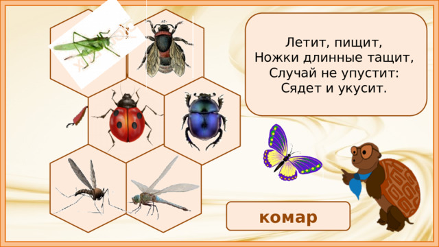Летит, пищит, Ножки длинные тащит, Случай не упустит: Сядет и укусит. комар 