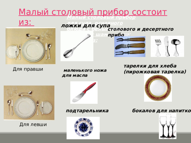 Малый столовый прибор состоит из: Малый столовый прибор для супа, основного блюда c белым вином, десерта c шампанским состоит из:   ложки для супа столового и десертного прибо ра тарелки для хлеба (пирожковая тарелка) Для правши    маленького ножа для масла бокалов для напитков подтарельника Для левши 