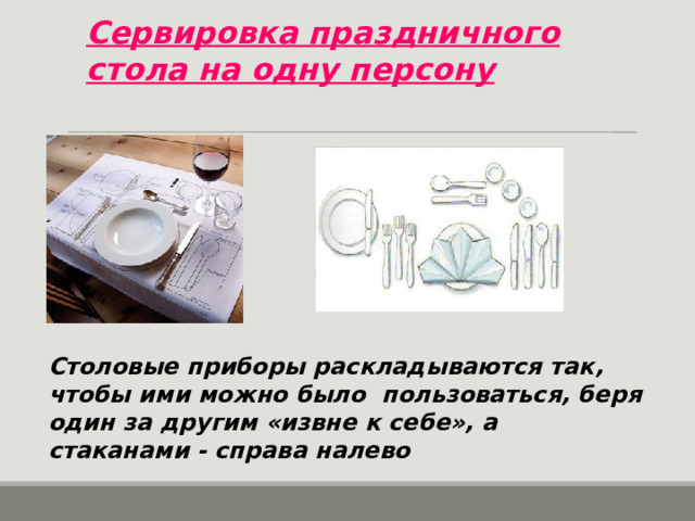 Сервировка праздничного стола на одну персону Столовые приборы раскладываются так, чтобы ими можно было пользоваться, беря один за другим «извне к себе», а стаканами - справа налево 