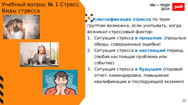 Учебный вопрос № 1 Стресс. Виды стресса Классификация стресса по трем группам возможна, если учитывать, когда возникал стрессовый фактор: Ситуация стресса в прошлом . (прошлые обиды, совершенные ошибки) Ситуация стресса в настоящий период. (любая настоящая проблема или событие) Ситуация стресса в будущем (годовой отчет, командировка, повышение квалификации и последующий экзамен) 