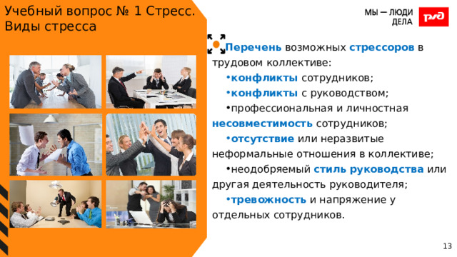 Учебный вопрос № 1 Стресс. Виды стресса Перечень возможных стрессоров в трудовом коллективе: конфликты сотрудников; конфликты с руководством; профессиональная и личностная несовместимость сотрудников; отсутствие или неразвитые неформальные отношения в коллективе; неодобряемый стиль  руководства или другая деятельность руководителя; тревожность и напряжение у отдельных сотрудников. 