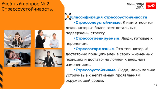 Учебный вопрос № 2 Стрессоустойчивость. Классификация стрессоустойчивости Стрессонеустойчивые . К ним относятся люди, которые более всех остальных подвержены стрессу. Стрессотренируемые . Люди, готовые к переменам. Стрессотормозные . Это тип, который достаточно принципиален в своих жизненных позициях и достаточно лоялен к внешним изменениям.. Стрессоустойчивые . Люди, максимально устойчивые к негативным проявлениям окружающей среды. 