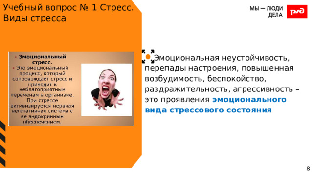 Учебный вопрос № 1 Стресс. Виды стресса Эмоциональная неустойчивость, перепады настроения, повышенная возбудимость, беспокойство, раздражительность, агрессивность – это проявления эмоционального вида стрессового состояния 