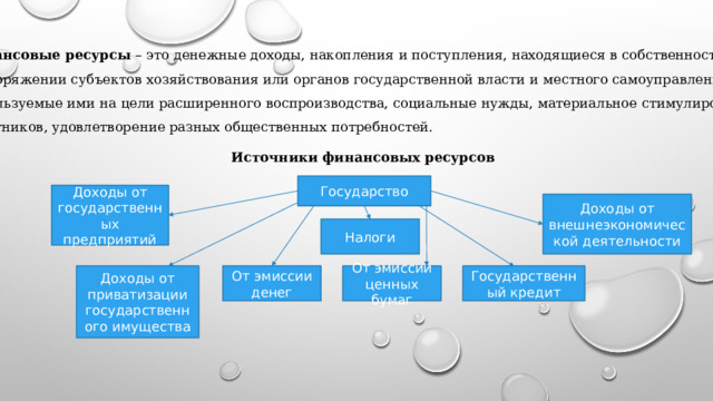 Финансовые ресурсы – это денежные доходы, накопления и поступления, находящиеся в собственности или распоряжении субъектов хозяйствования или органов государственной власти и местного самоуправления и используемые ими на цели расширенного воспроизводства, социальные нужды, материальное стимулирование работников, удовлетворение разных общественных потребностей. Источники финансовых ресурсов Государство Доходы от государственных предприятий Доходы от внешнеэкономической деятельности Налоги Государственный кредит От эмиссии денег Доходы от приватизации государственного имущества От эмиссии ценных бумаг 