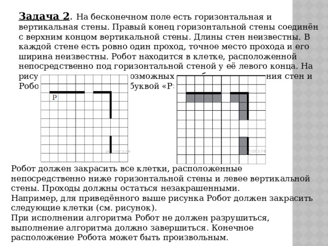 Задача 2 . На бесконечном поле есть горизонтальная и вертикальная стены. Правый конец горизонтальной стены соединён с верхним концом вертикальной стены. Длины стен неизвестны. В каждой стене есть ровно один проход, точное место прохода и его ширина неизвестны. Робот находится в клетке, расположенной непосредственно под горизонтальной стеной у её левого конца. На рисунке указан один из возможных способов расположения стен и Робота (Робот обозначен буквой «Р»). Робот должен закрасить все клетки, расположенные непосредственно ниже горизонтальной стены и левее вертикальной стены. Проходы должны остаться незакрашенными. Например, для приведённого выше рисунка Робот должен закрасить следующие клетки (см. рисунок). При исполнении алгоритма Робот не должен разрушиться, выполнение алгоритма должно завершиться. Конечное расположение Робота может быть произвольным. 