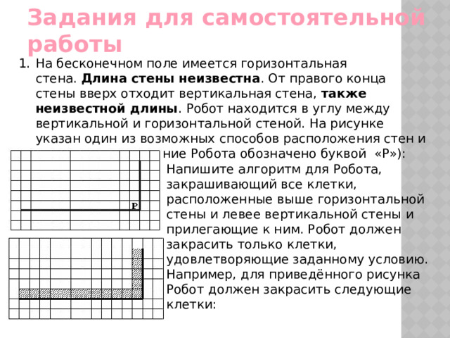 Задания для самостоятельной работы На бесконечном поле имеется горизонтальная стена.  Длина стены неизвестна . От правого конца стены вверх отходит вертикальная стена,  также неизвестной длины . Робот находится в углу между вертикальной и горизонтальной стеной. На рисунке указан один из возможных способов расположения стен и Робота (расположение Робота обозначено буквой  «Р»): Напишите алгоритм для Робота, закрашивающий все клетки, расположенные выше горизонтальной стены и левее вертикальной стены и прилегающие к ним. Робот должен закрасить только клетки, удовлетворяющие заданному условию. Например, для приведённого рисунка Робот должен закрасить следующие клетки: 