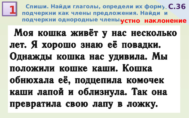  Спиши. Найди глаголы, определи их форму, подчеркни как члены предложения. Найди и подчеркни однородные члены. С.36 1 устно наклонение  Моя кошка живёт у нас несколько лет. Я хорошо знаю её повадки. Однажды кошка нас удивила. Мы положили кошке каши. Кошка обнюхала её, подцепила комочек каши лапой и облизнула. Так она превратила свою лапу в ложку. 
