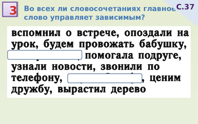 С.37 3 Во всех ли словосочетаниях главное слово управляет зависимым? вспомнил о встрече, опоздали на урок, будем провожать бабушку, быстрый бег, помогала подруге, узнали новости, звонили по телефону, вкусный кофе, ценим дружбу, вырастил дерево 