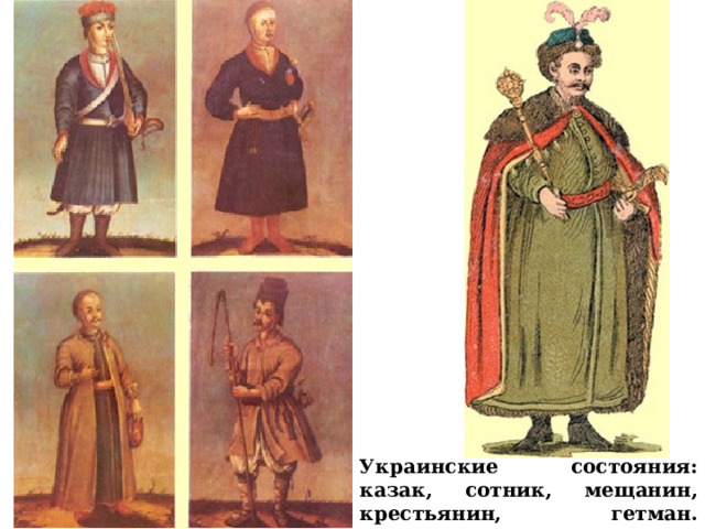 Украинские состояния: казак, сотник, мещанин, крестьянин, гетман. Рисунки XVIII в. 