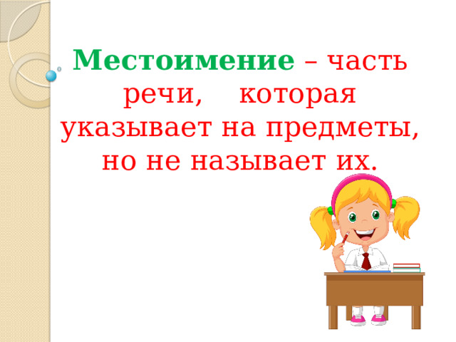 Местоимение – часть речи, которая указывает на предметы, но не называет их.   