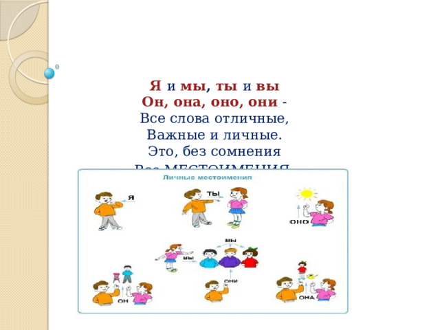    Я  и  мы , ты и  вы  Он, она, оно, они -  Все слова отличные,  Важные и личные.  Это, без сомнения  Все МЕСТОИМЕНИЯ .   