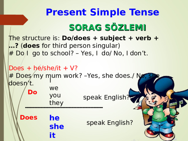 Present Simple  Tense SORAG SÖZLEMI The structure is:  Do/does + subject + verb + …?  ( does  for third person singular) # Do I go to school ? – Yes, I do/ No, I don’t. Does + he/she/it + V ? # Does my mum work ? – Yes, she does./ No, she doesn’t. I we you they Do speak English? he she it Does speak English? 