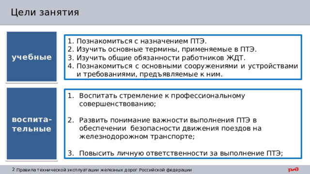 Цели занятия учебные Познакомиться с назначением ПТЭ. Изучить основные термины, применяемые в ПТЭ. Изучить общие обязанности работников ЖДТ. Познакомиться с основными сооружениями и устройствами и требованиями, предъявляемые к ним. воспита- тельные Воспитать стремление к профессиональному совершенствованию; Развить понимание важности выполнения ПТЭ в обеспечении безопасности движения поездов на железнодорожном транспорте; Повысить личную ответственности за выполнение ПТЭ; 