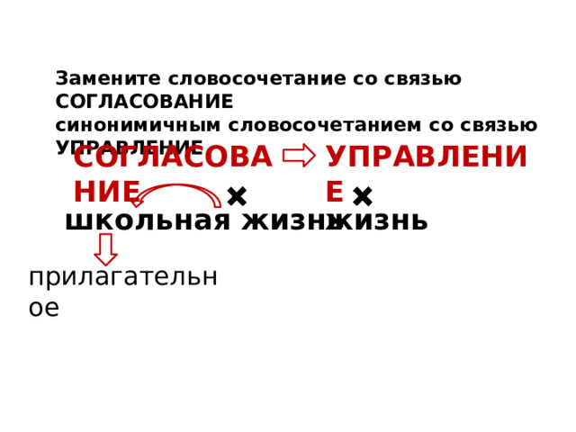 Замените словосочетание со связью СОГЛАСОВАНИЕ синонимичным словосочетанием со связью УПРАВЛЕНИЕ СОГЛАСОВАНИЕ УПРАВЛЕНИЕ школьная жизнь жизнь прилагательное 