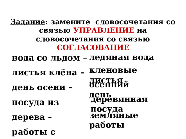 Задание : замените словосочетания со связью УПРАВЛЕНИЕ на словосочетания со связью СОГЛАСОВАНИЕ вода со льдом – листья клёна – день осени – посуда из дерева – работы с землёй- ледяная вода кленовые листья осенний день деревянная посуда земляные работы 