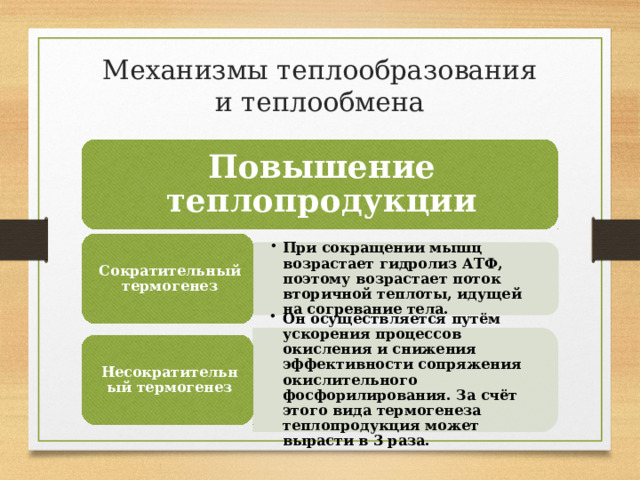 При сокращении мышц возрастает гидролиз АТФ, поэтому возрастает поток вторичной теплоты, идущей на согревание тела. При сокращении мышц возрастает гидролиз АТФ, поэтому возрастает поток вторичной теплоты, идущей на согревание тела. Он осуществляется путём ускорения процессов окисления и снижения эффективности сопряжения окислительного фосфорилирования. За счёт этого вида термогенеза теплопродукция может вырасти в 3 раза. Он осуществляется путём ускорения процессов окисления и снижения эффективности сопряжения окислительного фосфорилирования. За счёт этого вида термогенеза теплопродукция может вырасти в 3 раза. Механизмы теплообразования и теплообмена Повышение теплопродукции Сократительный термогенез Несократительный термогенез 